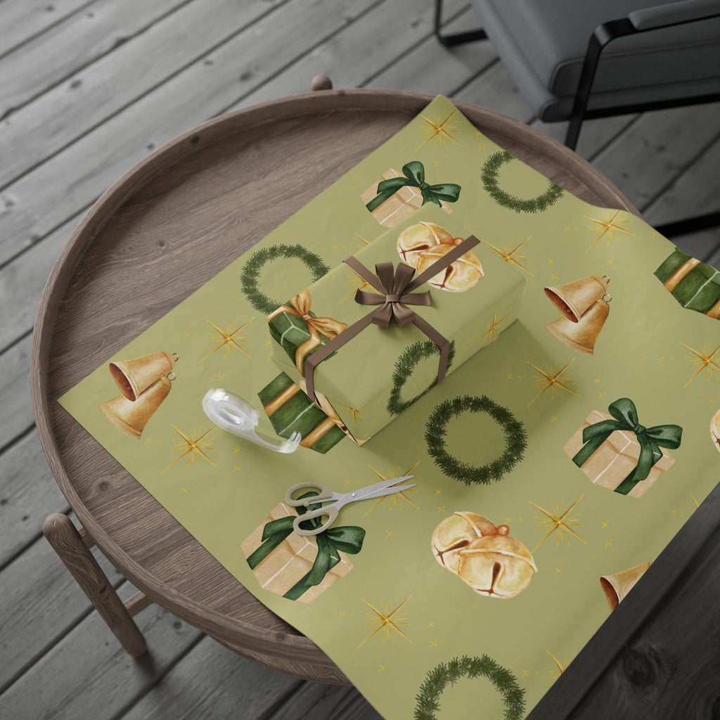Green Wreaths, Bells & Gold Stars - Wrapping Paper