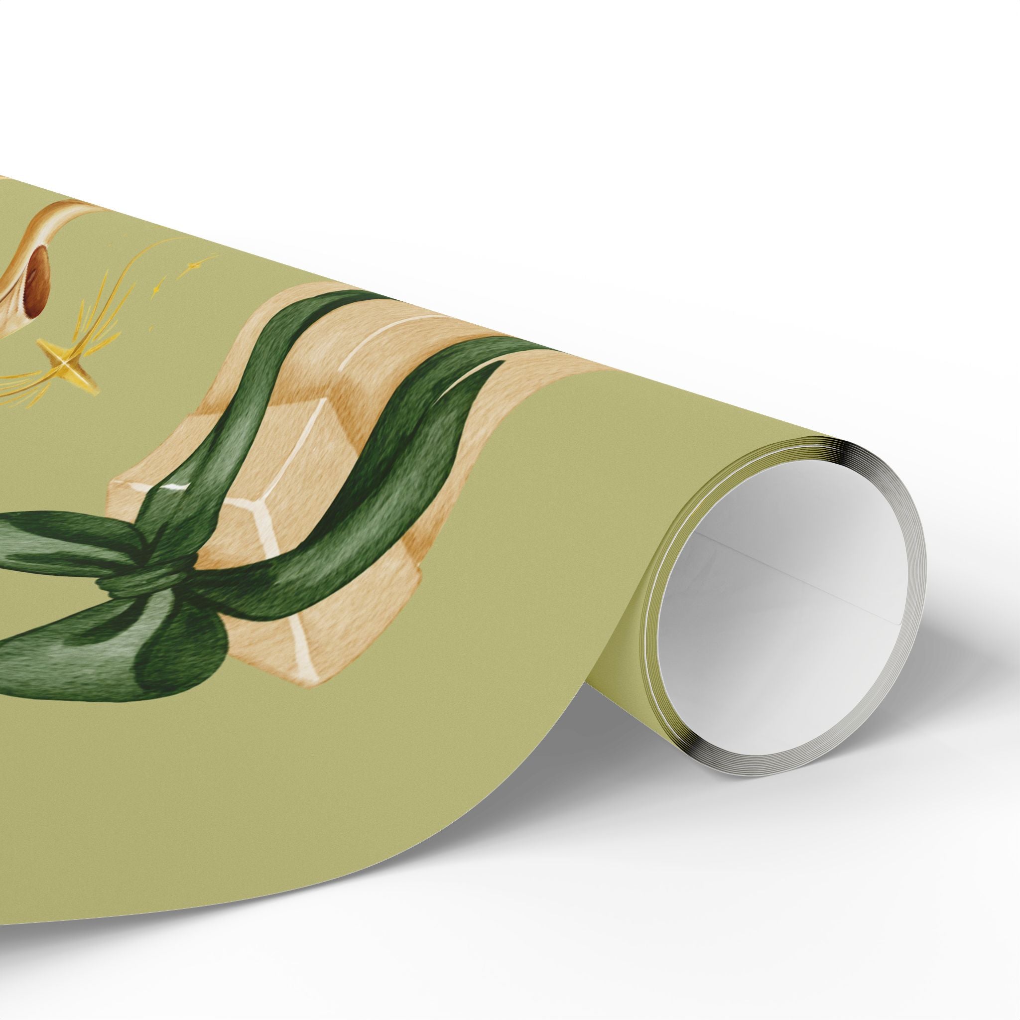 Green Wreaths, Bells & Gold Stars - Wrapping Paper