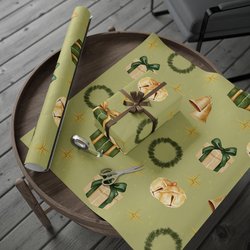 Green Wreaths, Bells & Gold Stars - Wrapping Paper