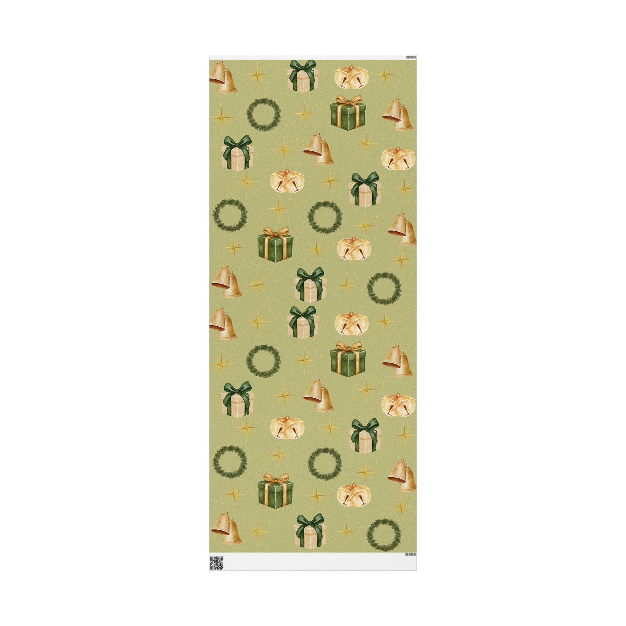 Green Wreaths, Bells & Gold Stars - Wrapping Paper