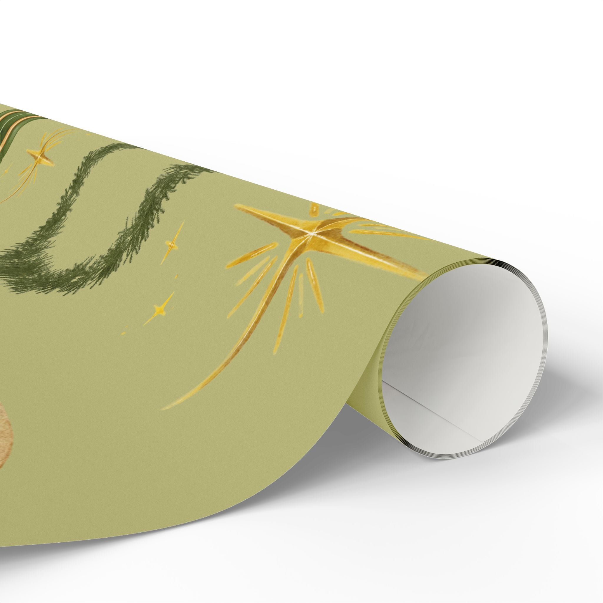 Green Wreaths, Bells & Gold Stars - Wrapping Paper