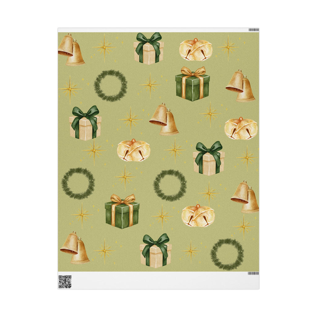 Green Wreaths, Bells & Gold Stars - Wrapping Paper