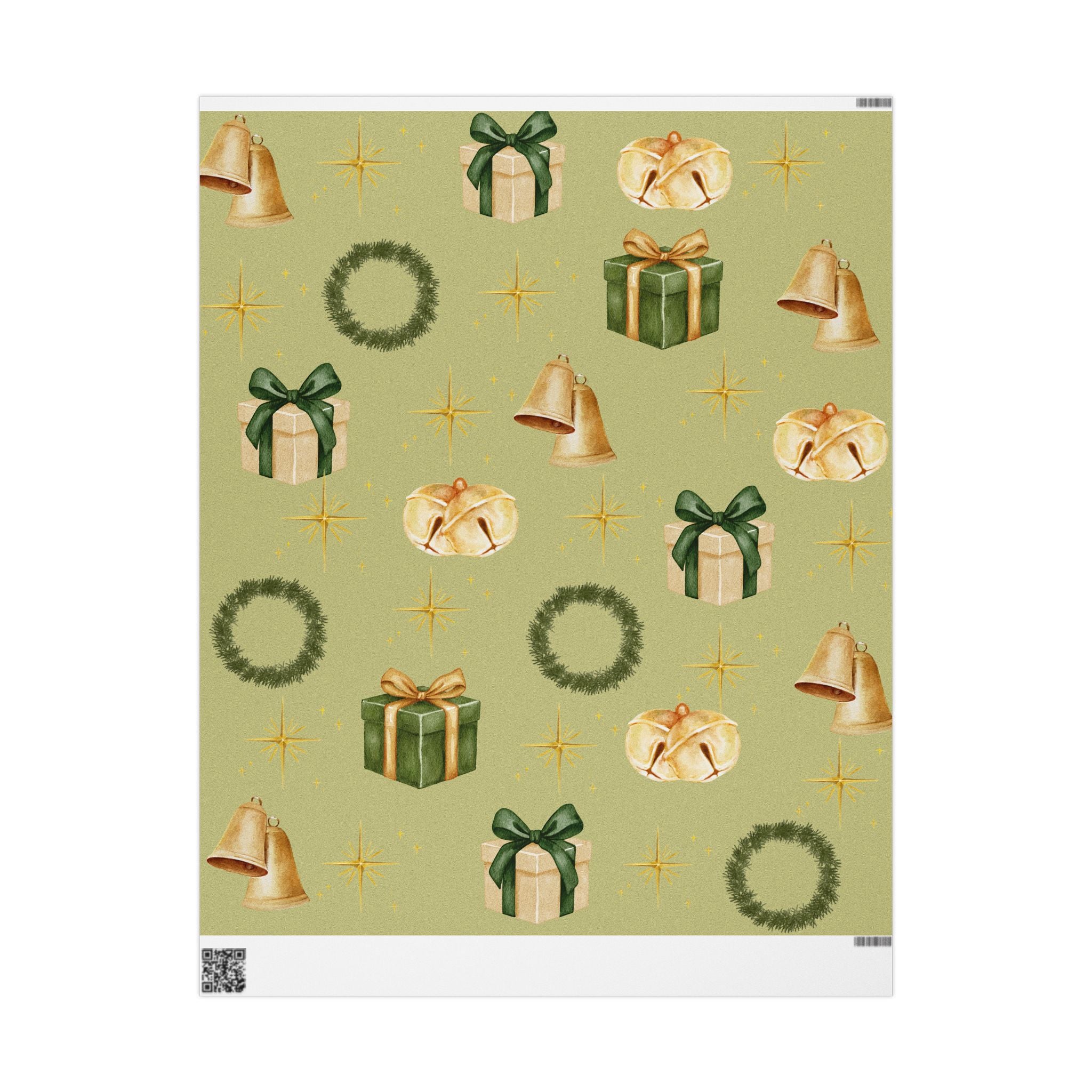 Green Wreaths, Bells & Gold Stars - Wrapping Paper