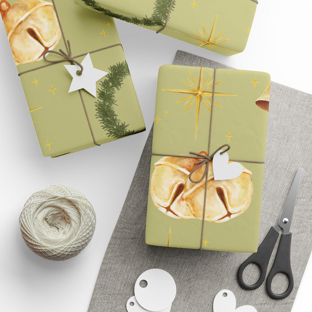 Green Wreaths, Bells & Gold Stars - Wrapping Paper