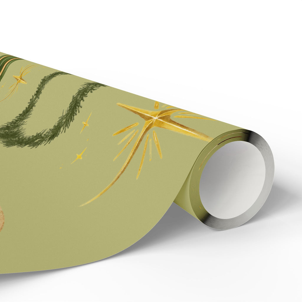 Green Wreaths, Bells & Gold Stars - Wrapping Paper